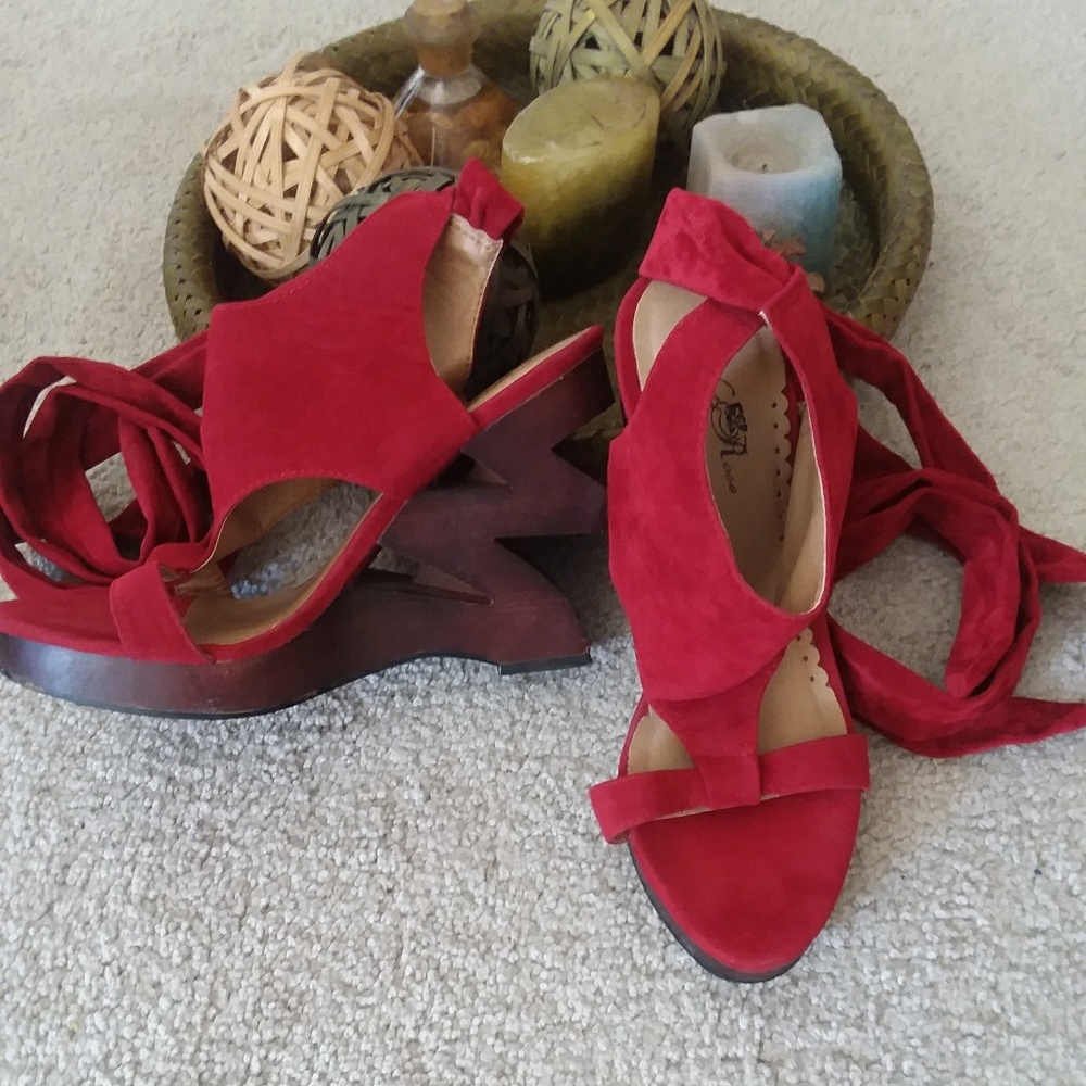Red Suede Lace Up Wooden Wedge by Wild Rose